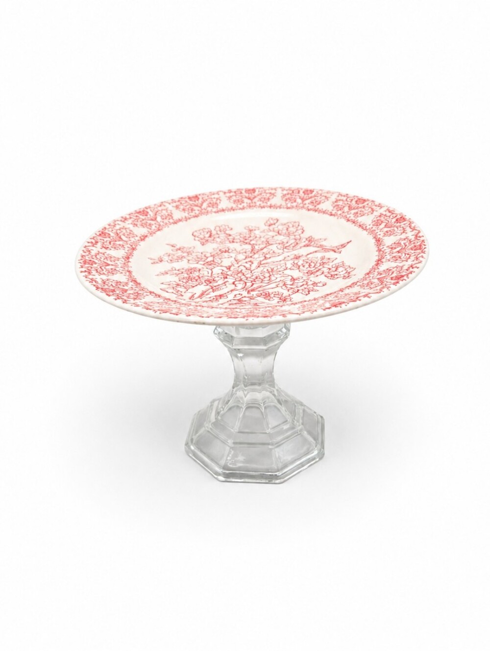 Mini Cake Stand or Cupcake Stand, Red & White Floral on Clear Glass Pedestal